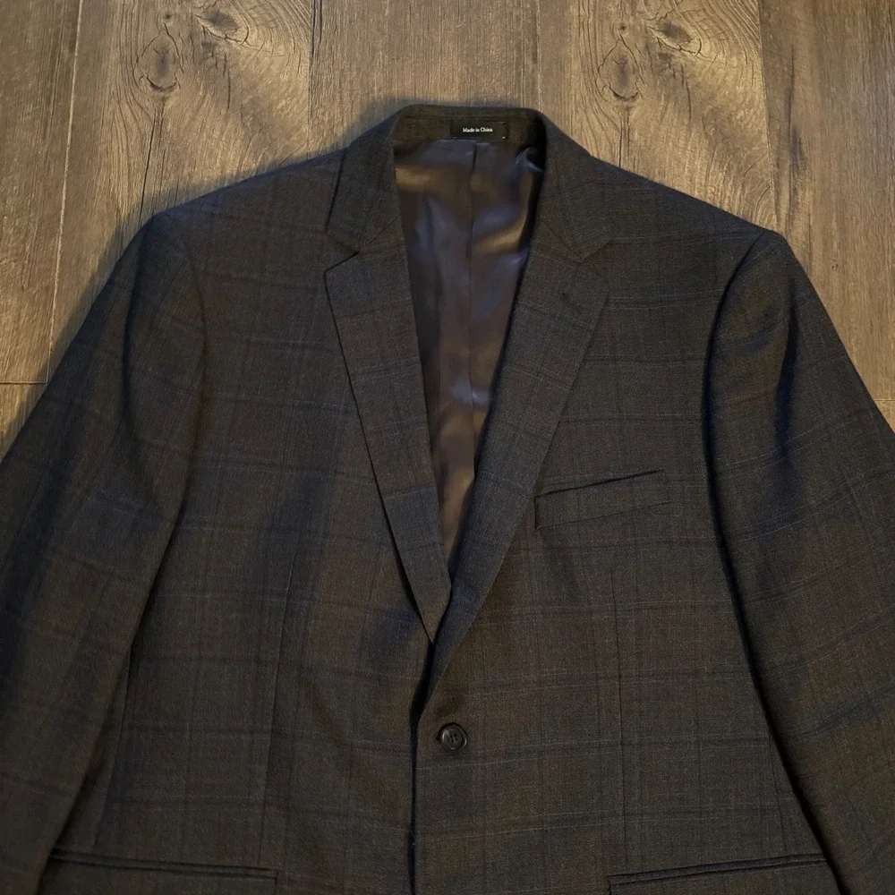 Pronto Uomo Platinum‎ Blazer Charcoal Grey Brown Windowpane 100% Wool 48 Long